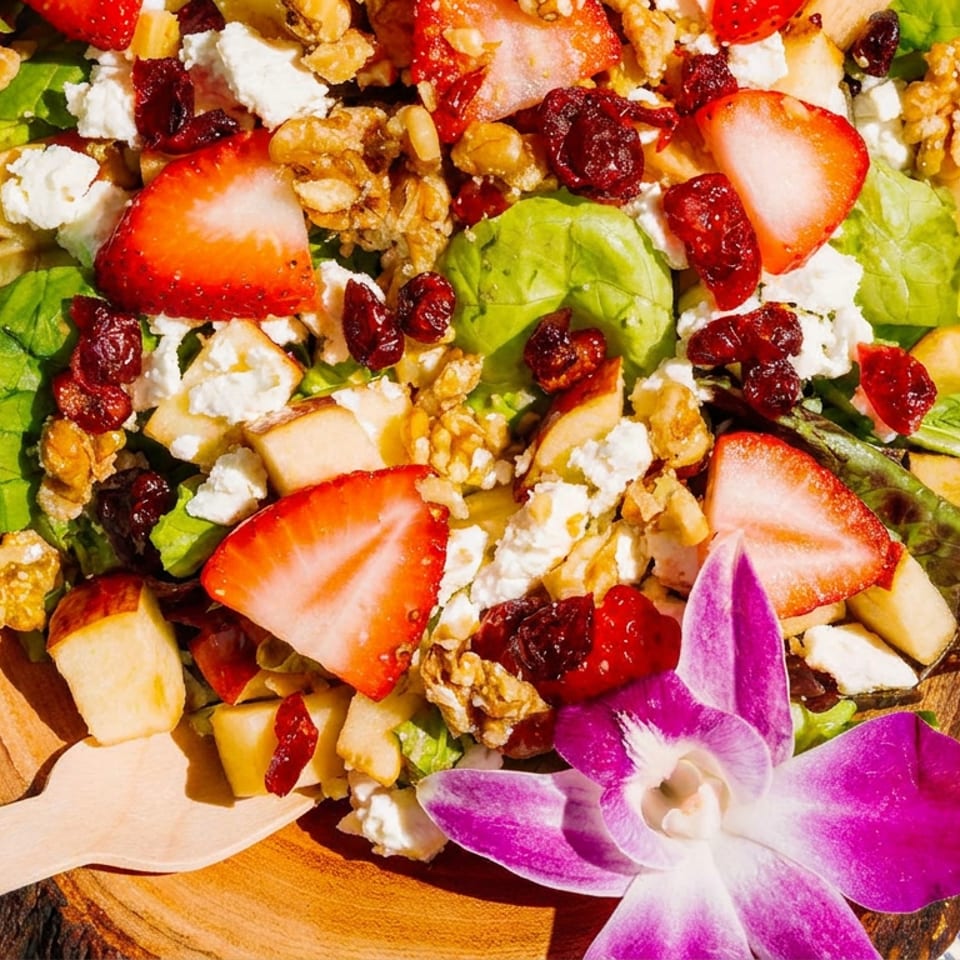 Colorful salad with strawberries, apples, walnuts, cranberries, and feta cheese in a wooden bowl.