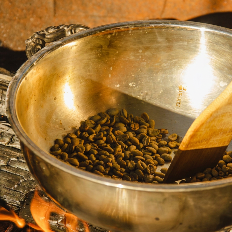 Coffee beans roasting in a metal pan with a wooden spoon over an open fire.