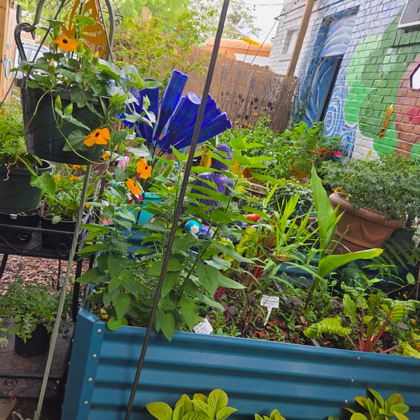A vibrant garden with various plants, a blue bottle sculpture, and a colorful mural on a brick wall.