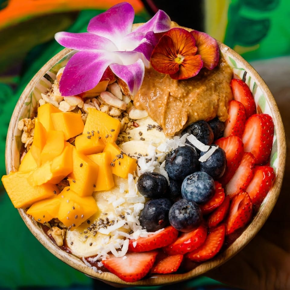 A vibrant acai bowl with mango, blueberries, strawberries, peanut butter, and flowers.