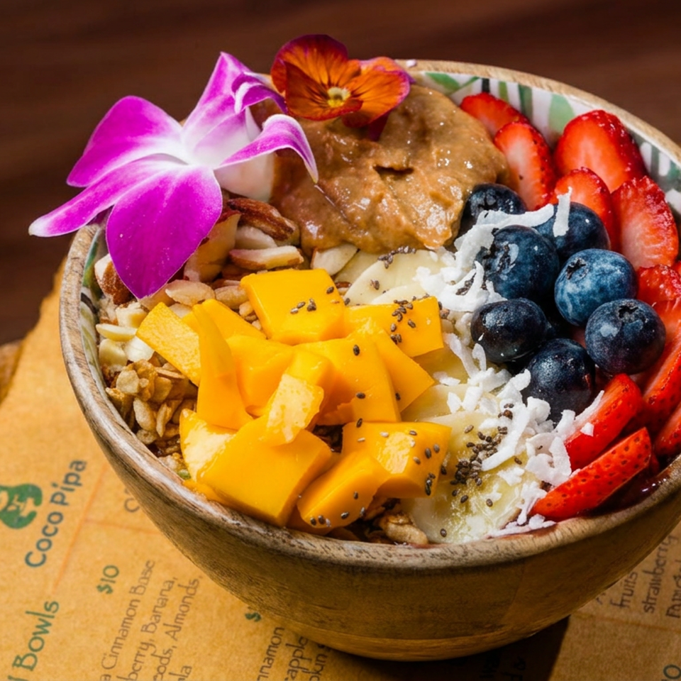 A vibrant Coco Pipa acai bowl with mango, blueberries, strawberries, peanut butter, and a purple orchid.