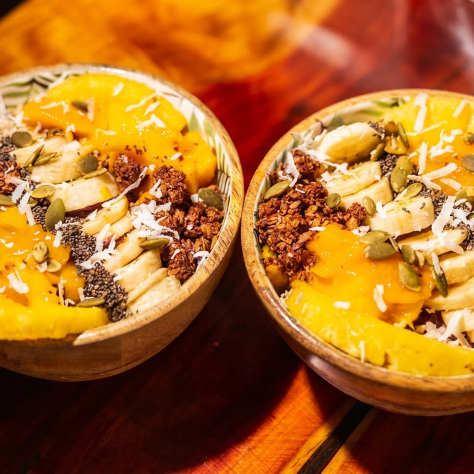 Two vibrant smoothie bowls topped with mango, banana, granola, seeds, and coconut flakes.