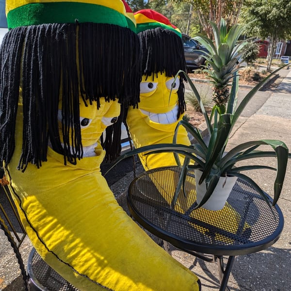 Two banana-shaped mascots with dreadlock wigs and Rasta hats sit at an outdoor table with a pineapple plant.
