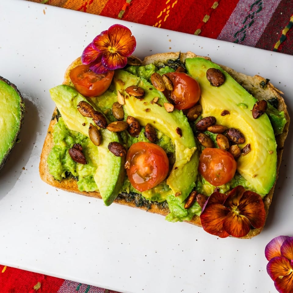 Avocado toast with cherry tomatoes, pumpkin seeds, and edible flowers on a white plate.