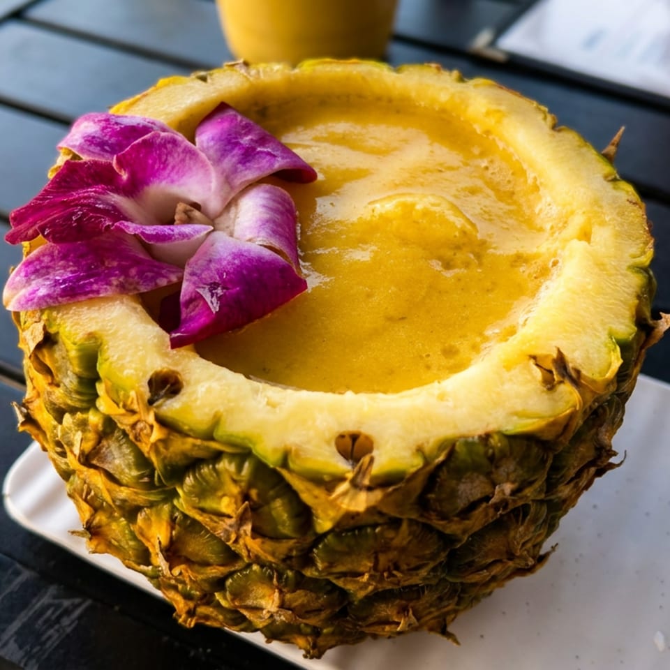 A vibrant yellow smoothie served in a hollowed-out pineapple, garnished with a purple orchid.